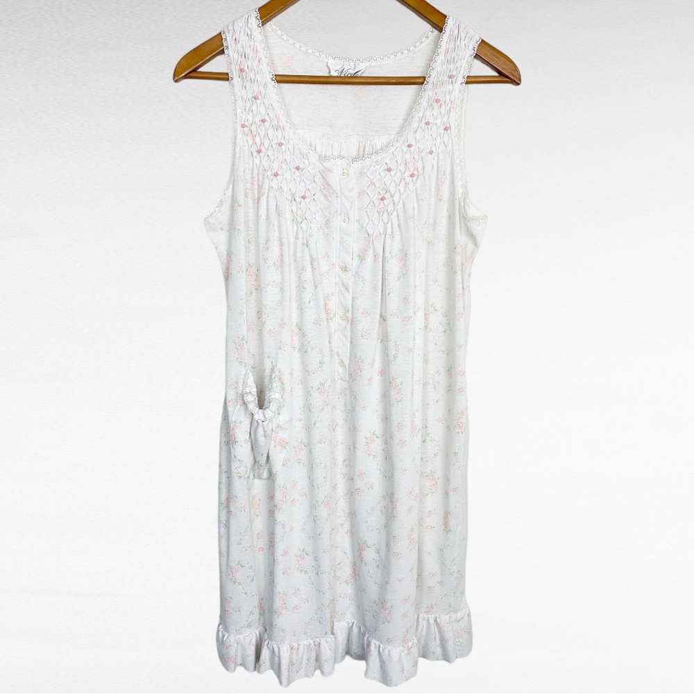 VINTAGE | Nicole White Pink Ditsy Florals Sleeveless Lace Ruffled Lounge Dress - Picture 7 of 10